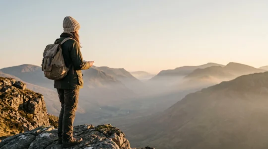 Voyageur contemplant un paysage montagneux majestueux, incarnant l'immersion totale d'un récit de voyage vécu par le lecteur