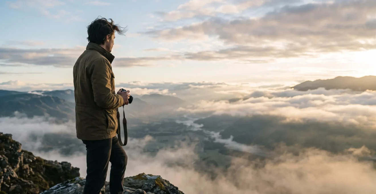 Photographe de voyage capturant une séquence d'images sur un sentier de montagne au lever du jour, illustrant l'art du récit visuel