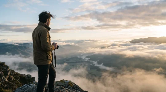 Photographe de voyage capturant une séquence d'images sur un sentier de montagne au lever du jour, illustrant l'art du récit visuel