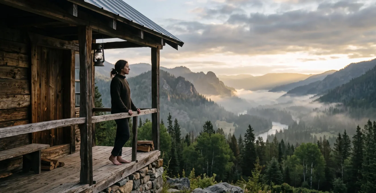 Personne contemplant un paysage sauvage au lever du jour depuis un refuge en bois, symbole de déconnexion numérique réussie
