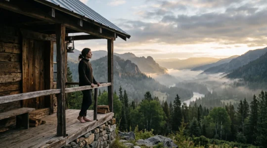 Personne contemplant un paysage sauvage au lever du jour depuis un refuge en bois, symbole de déconnexion numérique réussie