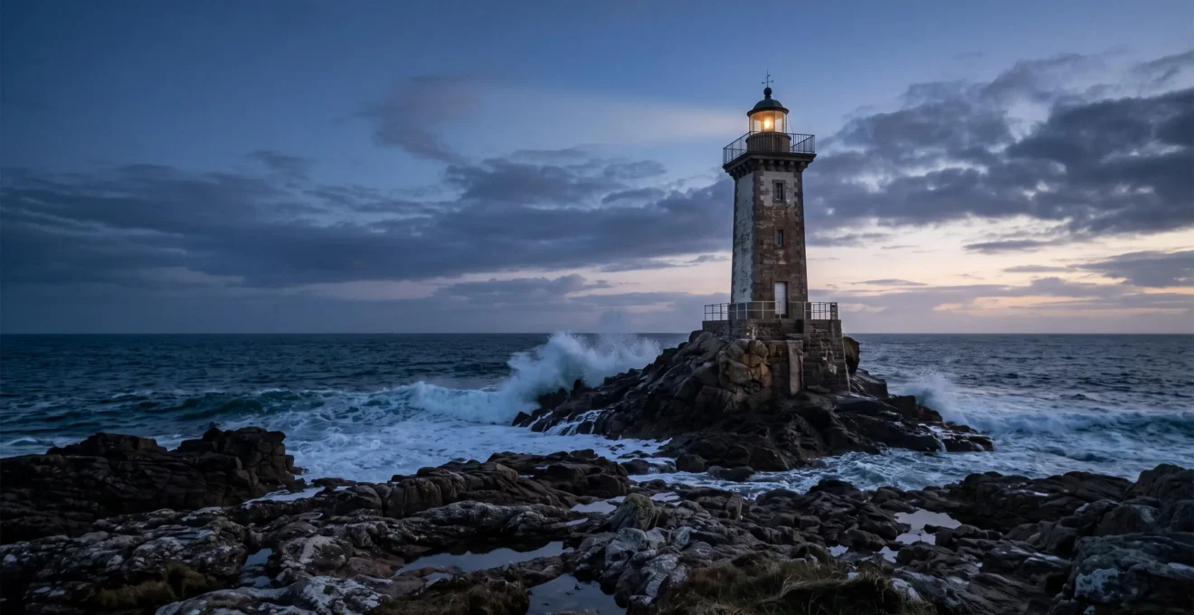Un phare isolé en pleine mer face à un ciel changeant, symbole d'une nuit rare à réserver avant qu'il ne soit complet