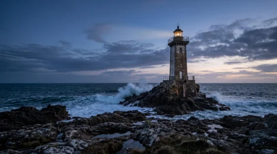 Un phare isolé en pleine mer face à un ciel changeant, symbole d'une nuit rare à réserver avant qu'il ne soit complet