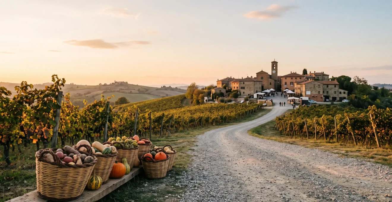 Une route de campagne bordée de vignes et de champs menant vers un marché de producteurs locaux, symbole d'un road trip gourmand à travers le terroir français