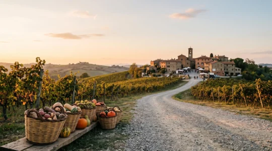 Une route de campagne bordée de vignes et de champs menant vers un marché de producteurs locaux, symbole d'un road trip gourmand à travers le terroir français