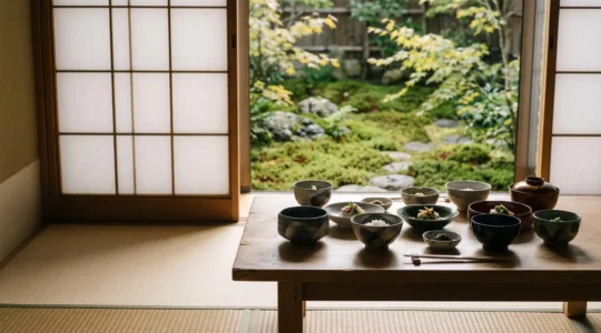 Table basse dans un ryokan japonais dressée pour un repas kaiseki avec vaisselle en céramique artisanale et jardin visible en arrière-plan
