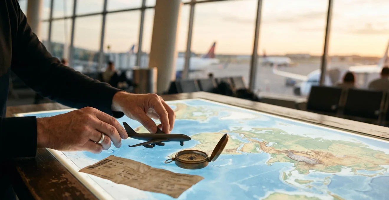Voyageur consultant une carte du monde et des documents de voyage pour planifier un vol au meilleur prix, ambiance aéroport au lever du soleil