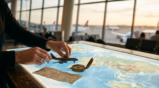 Voyageur consultant une carte du monde et des documents de voyage pour planifier un vol au meilleur prix, ambiance aéroport au lever du soleil