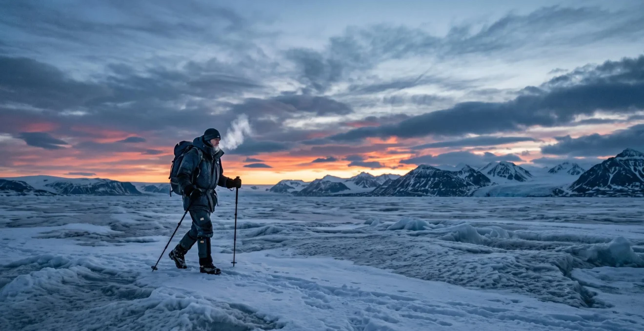 Silhouette d'un aventurier autonome traversant un paysage extrême isolé au crépuscule
