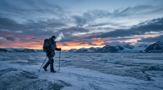 Silhouette d'un aventurier autonome traversant un paysage extrême isolé au crépuscule