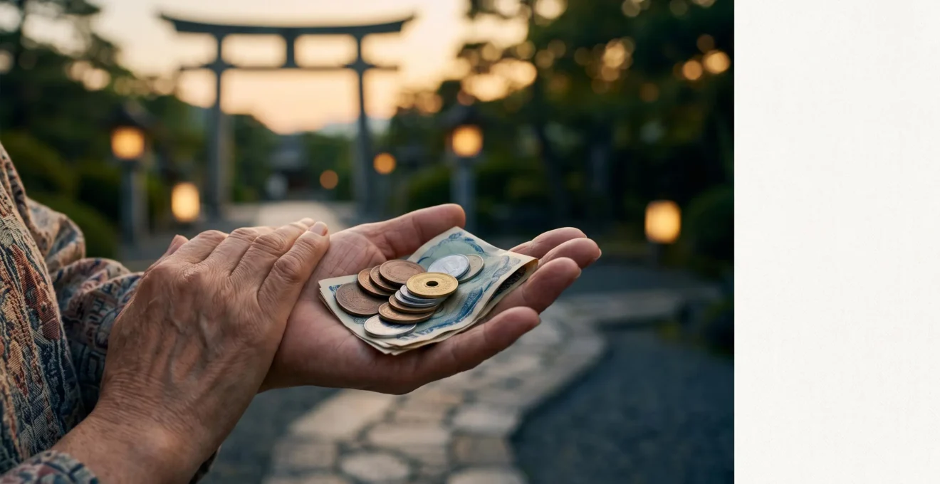 Mains tenant des pièces et billets avec en arrière-plan flou une silhouette évoquant le Japon, symbolisant un transfert d'argent optimisé