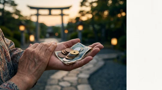 Mains tenant des pièces et billets avec en arrière-plan flou une silhouette évoquant le Japon, symbolisant un transfert d'argent optimisé