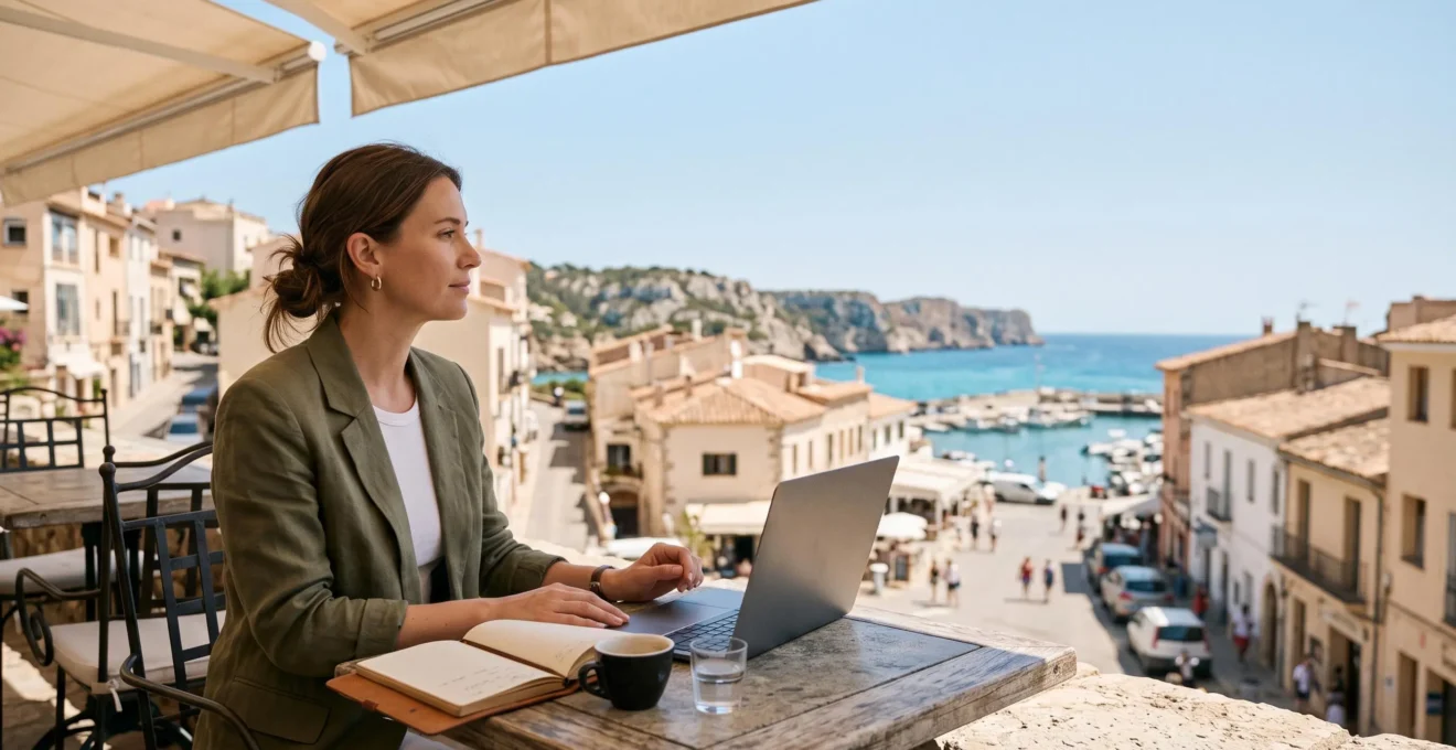 Professionnel installé en terrasse face à la mer, ordinateur portable ouvert, incarnant l'équilibre entre travail à distance et voyage