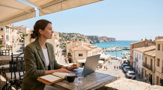 Professionnel installé en terrasse face à la mer, ordinateur portable ouvert, incarnant l'équilibre entre travail à distance et voyage