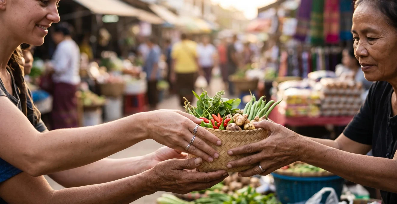 Un voyageur échange un panier de produits locaux avec un vendeur sur un marché, symbole du tourisme contributif