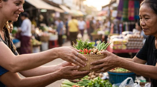 Un voyageur échange un panier de produits locaux avec un vendeur sur un marché, symbole du tourisme contributif