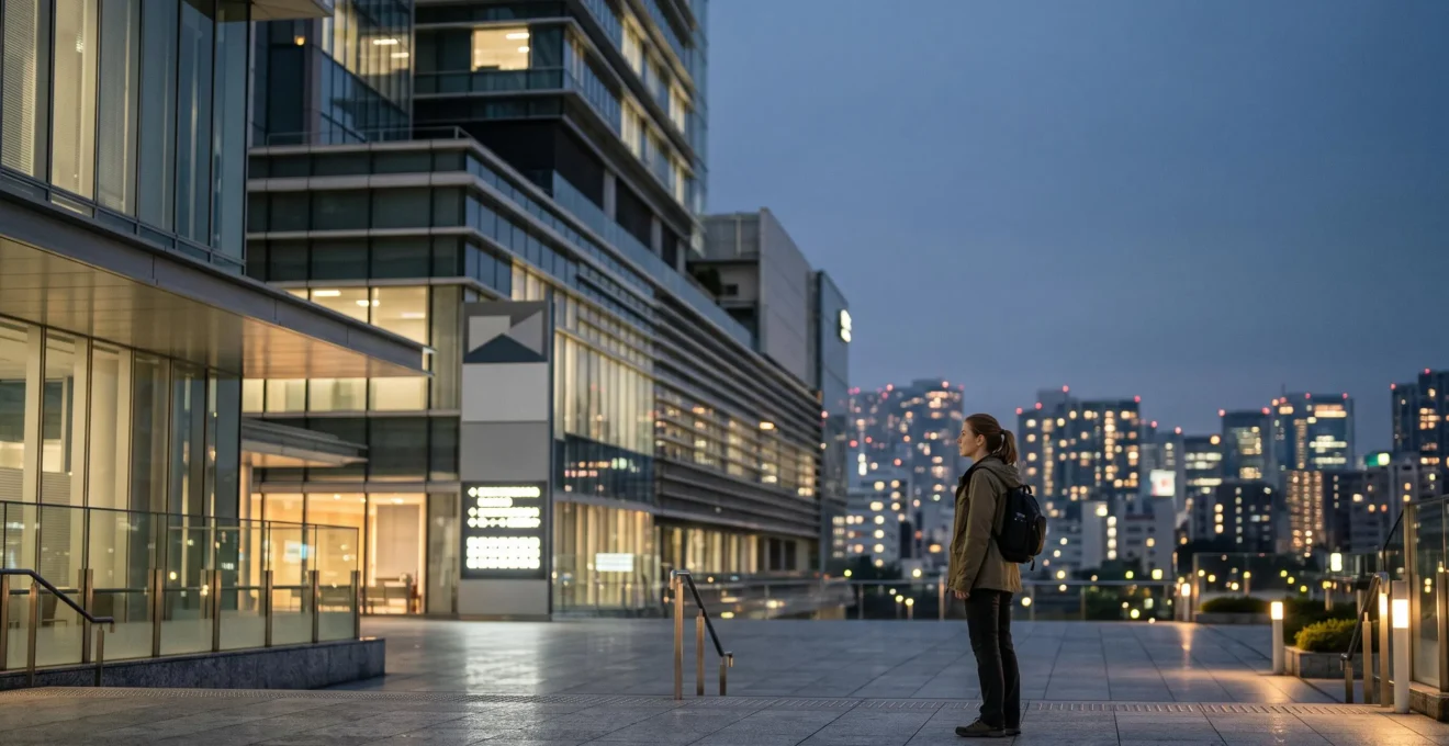 Voyageur seul contemplant un hôpital japonais moderne au crépuscule, symbolisant le risque financier des soins de santé à l'étranger