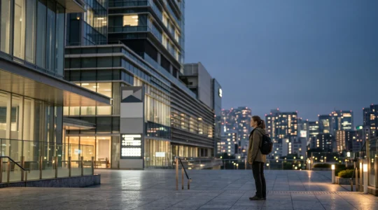 Voyageur seul contemplant un hôpital japonais moderne au crépuscule, symbolisant le risque financier des soins de santé à l'étranger
