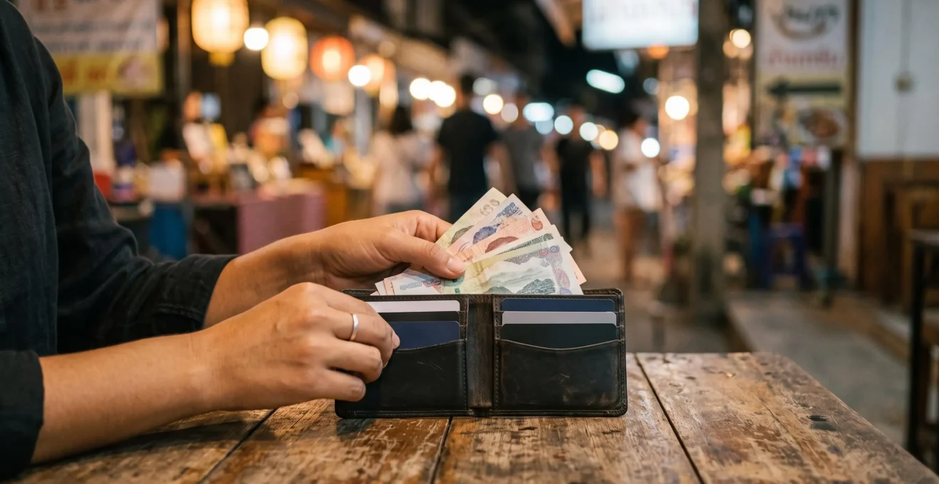 Voyageur préparant ses moyens de paiement avant un long séjour en Asie, entre cartes bancaires et billets de banque