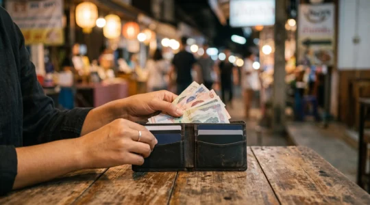 Voyageur préparant ses moyens de paiement avant un long séjour en Asie, entre cartes bancaires et billets de banque