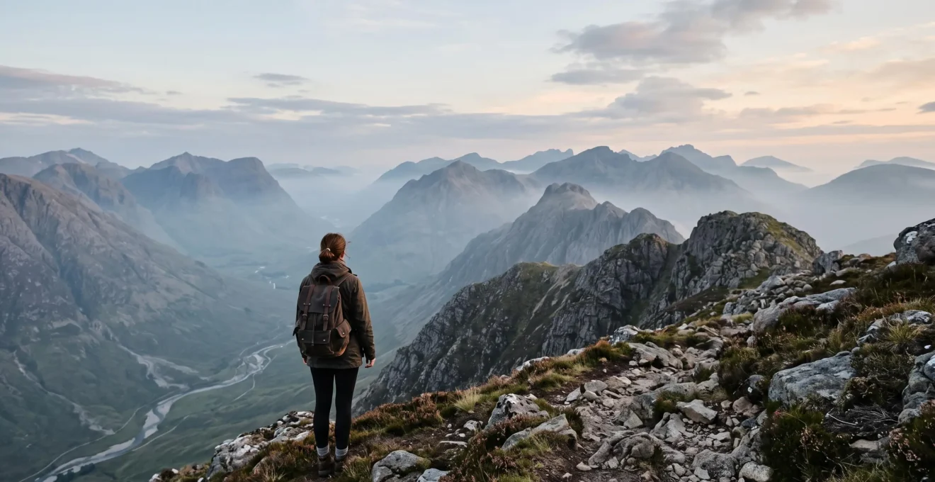 Un voyageur nomade contemplant un vaste paysage naturel préservé au lever du jour, symbole d'un tourisme respectueux et durable