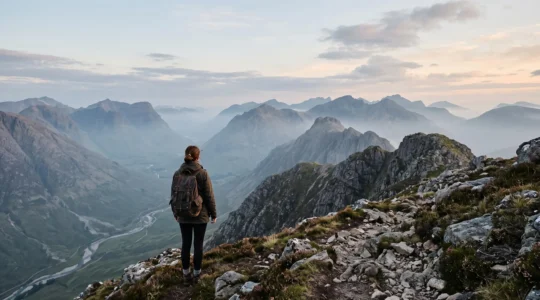 Un voyageur nomade contemplant un vaste paysage naturel préservé au lever du jour, symbole d'un tourisme respectueux et durable