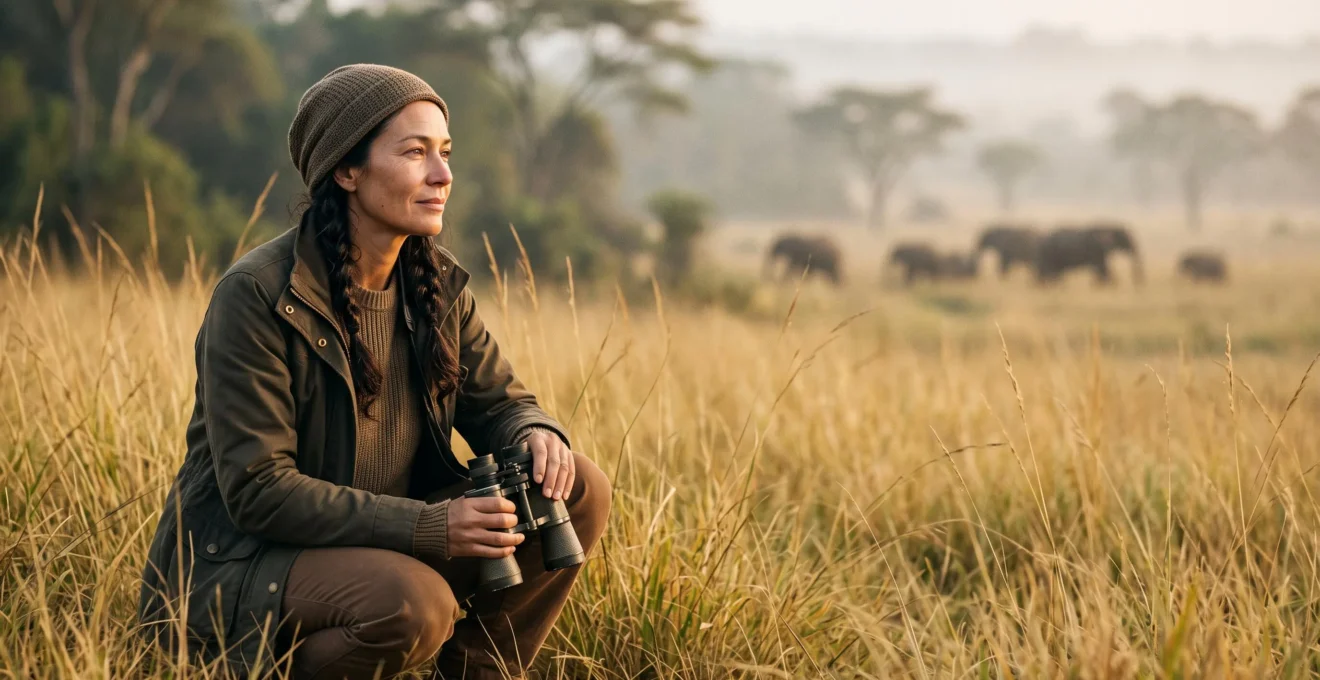 Voyageur observant discrètement une scène de faune sauvage à distance respectueuse au lever du soleil