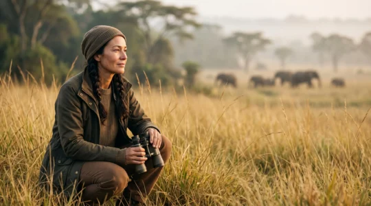 Voyageur observant discrètement une scène de faune sauvage à distance respectueuse au lever du soleil