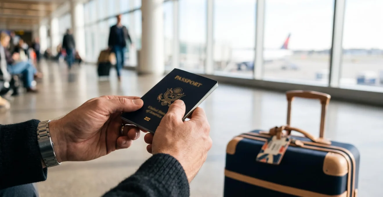 Voyageur tenant fermement son passeport biometrique pres d'une fenetre d'aeroport avant un depart en haute saison