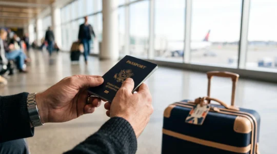 Voyageur tenant fermement son passeport biometrique pres d'une fenetre d'aeroport avant un depart en haute saison
