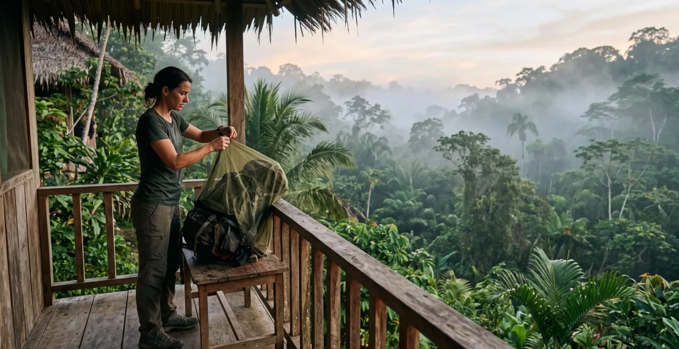 Voyageur préparant son sac avec une moustiquaire et une trousse médicale au bord d'une forêt tropicale au lever du soleil