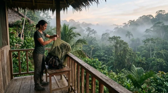 Voyageur préparant son sac avec une moustiquaire et une trousse médicale au bord d'une forêt tropicale au lever du soleil