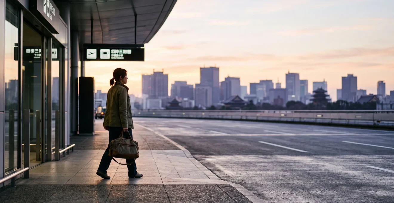Voyageur détendu sortant d'un aéroport à Tokyo au petit matin, silhouette urbaine japonaise en arrière-plan