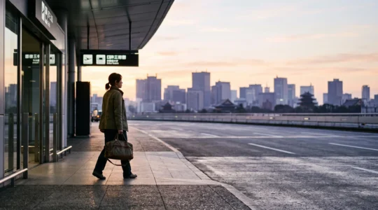 Voyageur détendu sortant d'un aéroport à Tokyo au petit matin, silhouette urbaine japonaise en arrière-plan