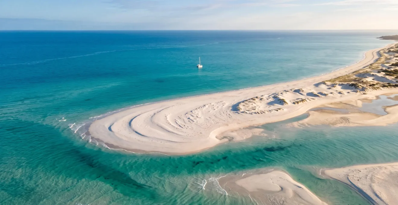 Vue aérienne de la plage de Whitehaven avec son sable blanc immaculé et les tourbillons turquoise de Hill Inlet au lever du jour
